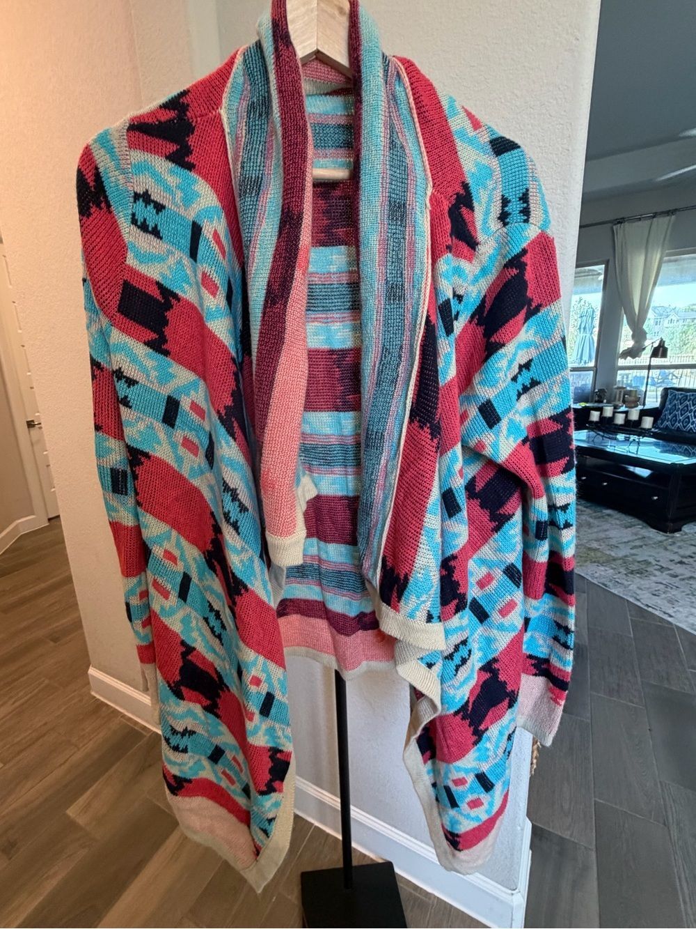 B Sharp Pink Turquoise Aztec Mohair Blend Waterfall Cardigan Size M